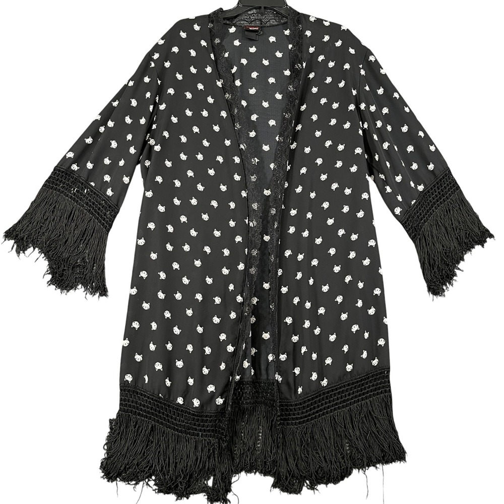 Switchblade Stiletto Cat Print Kimono Womens XL Black Fringe Lace Trim